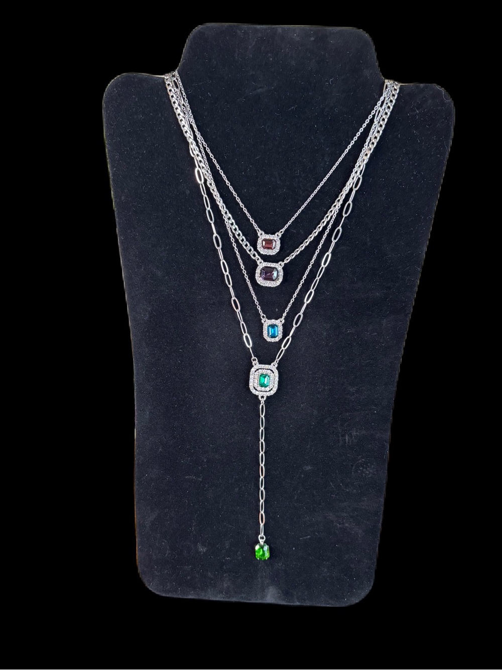 Multi-Stone Silver Layered Y Necklace with Green Accent